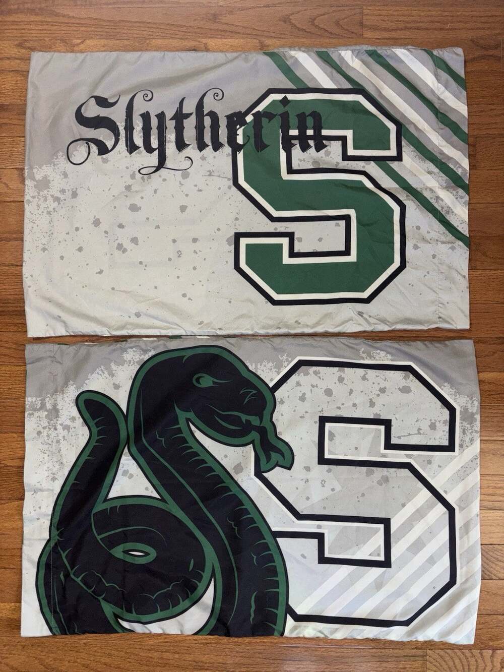 Harry Potter Slytherin Lot of 2 Standard Pillowcases Snake Green Gray Black
